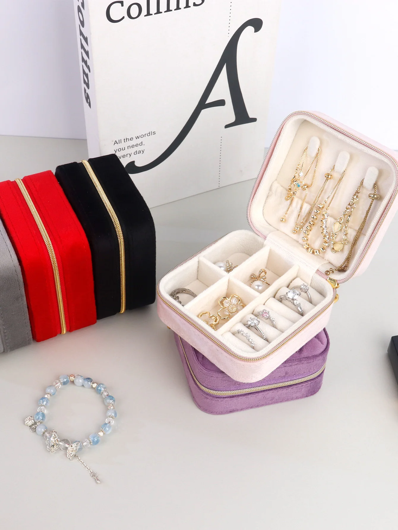 المعين المخملية صندوق مجوهرات النساء السفر المحمولة أقراط حلقة قلادة تخزين عرض مجوهرات المنظم صندوق Joyero #4