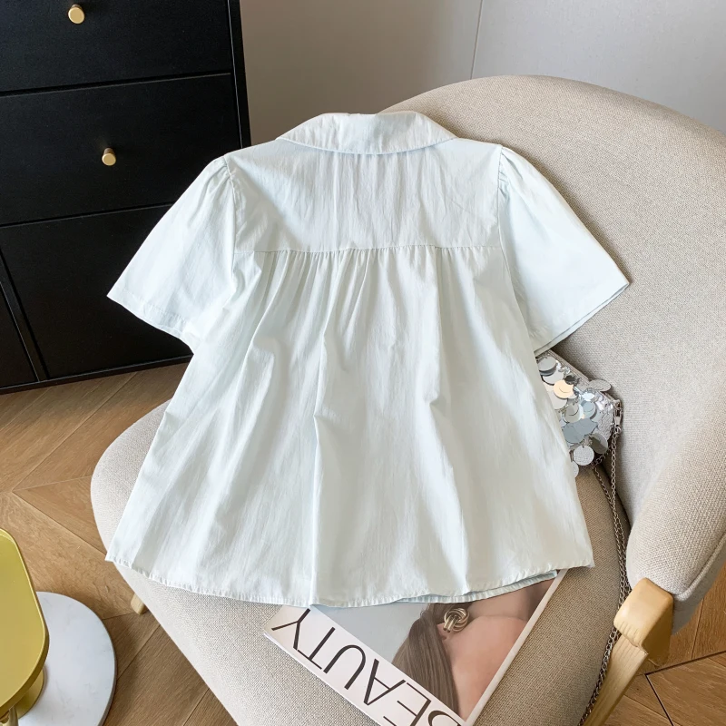 Sweet Peter Pan Collar Cotton Blouse Women Summer 2025 Puff Sleeve Gold Button Short Shirt French Vintage Doll Tops Cute Style