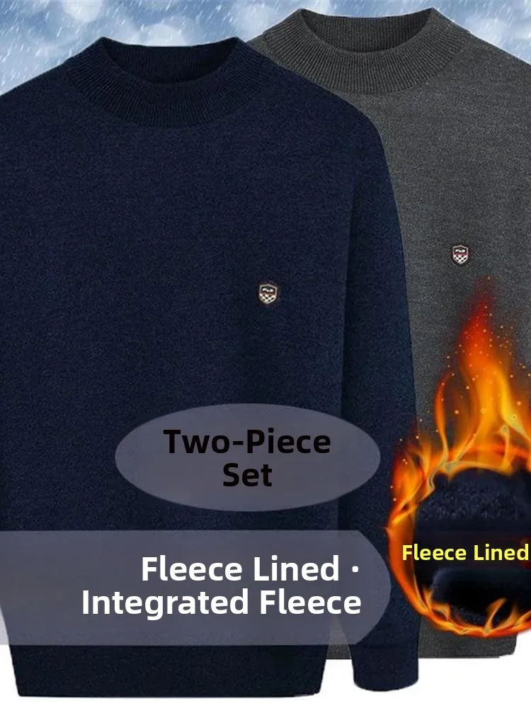 

Men's Fce Lined Long Sve T-irt Knitwear Warm Sweater Autumn Winter round Ne Overhead Base irt Middle Aged Men's C...