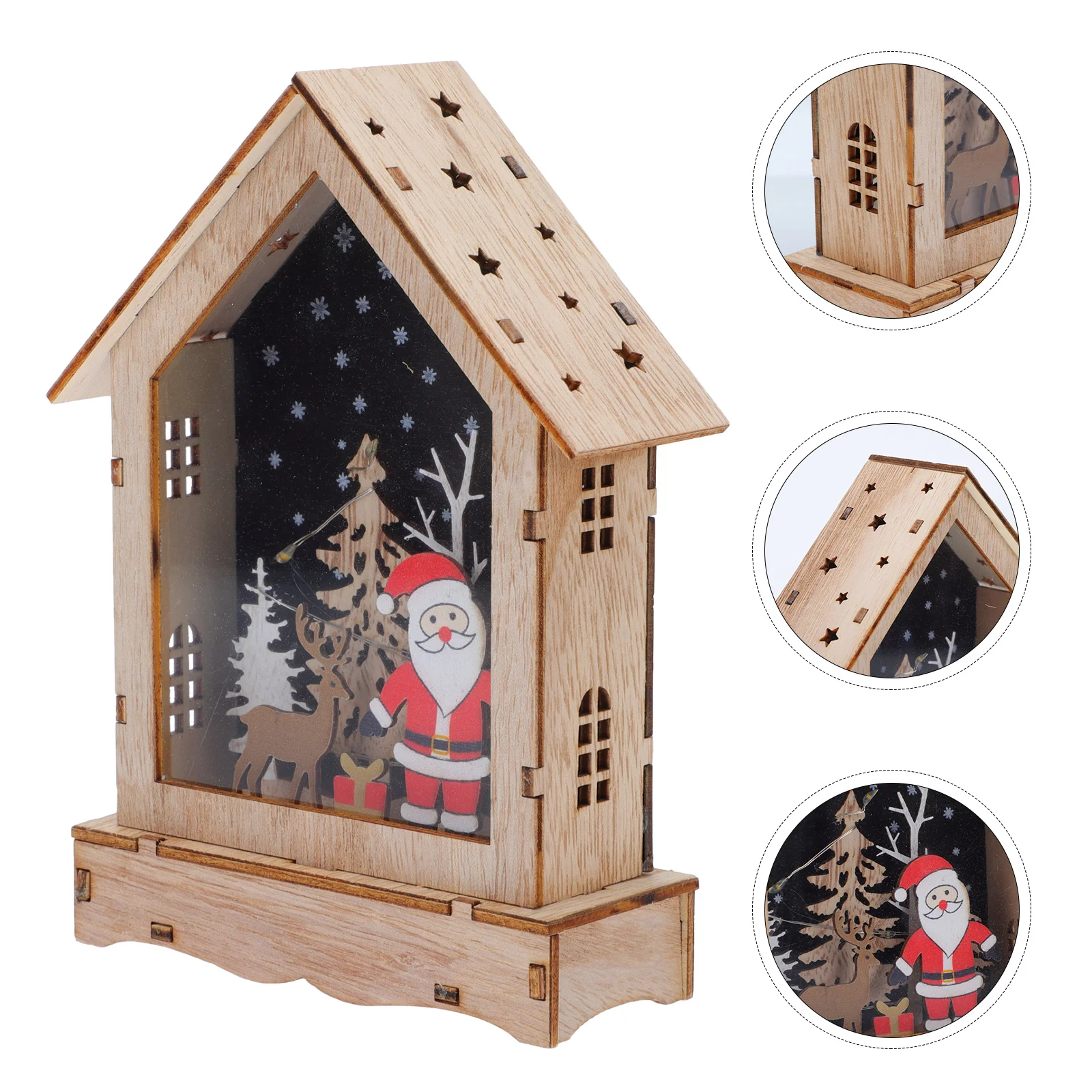 House Decorative Lights Ornament Xmas Adornment Wooden Miniture Decoration Christmas Scene