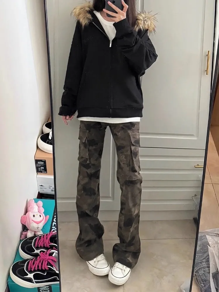 

Camouflage Wide Leg Denim Jeans Men's Women's Autumn American Retro High Street Straight Knife Workwear Pants Youth Faion