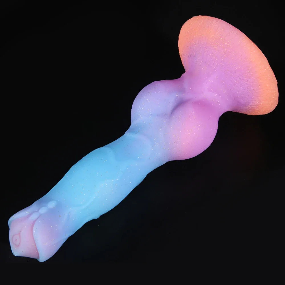 Consolador grande y largo con forma de perro y Animal para mujer, tapón Anal suave de silicona, con forma de Lobo, juguete sexual vibrador brillante