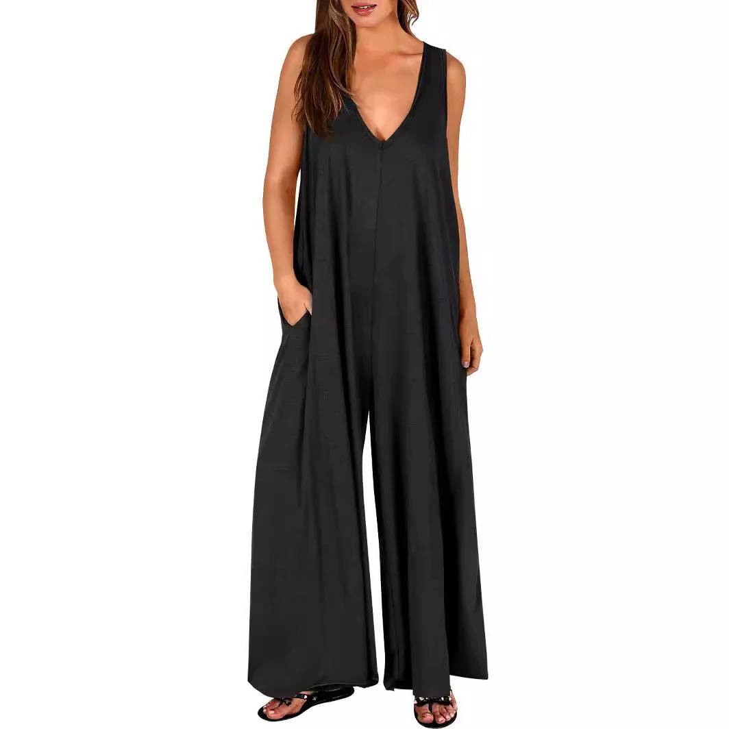 

Women's Jumpsuit Fashionable Summer Casual Solid Color V-neck Pullover Loose Waist Pocket Thin Sleeveless Straight Leg Jumpsuit