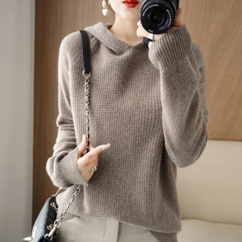 

Knitted Girls' Clothing Hooded Long Sleeved Solid Color Wool Pullover Korean Version Autumn And Winter Sweater Loose And Stylish