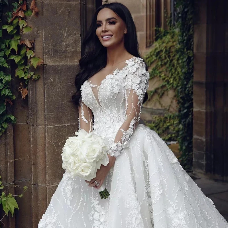 Vestido de novia de manga larga esponjoso, hermoso vestido de novia de horquilla alta, apliques de cuello en V, hecho a medida, Playa