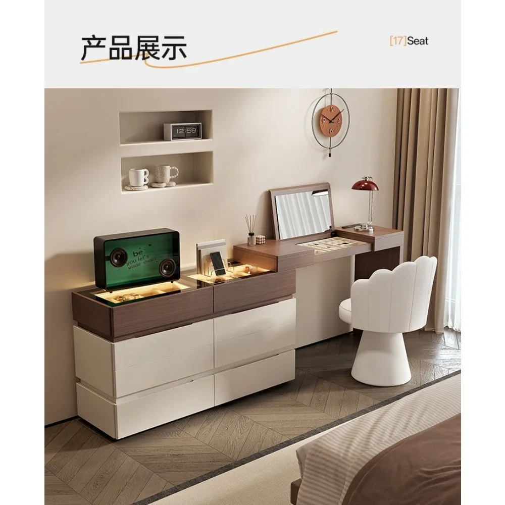 Luxury Italian Cream  Solid Wood Dressing Table & Bed End Cabinet  Walnut Flip-Top, Multifunctional Storage for High-end Bedroom