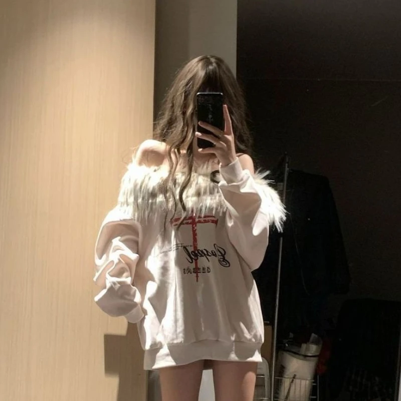 Y2K Hot Sweet American Vintage Allentato Sottocultura Felpe 2000s Harajuku Sexy Casual Coreano Collo di Pelliccia Con Cappuccio Autunno Chic