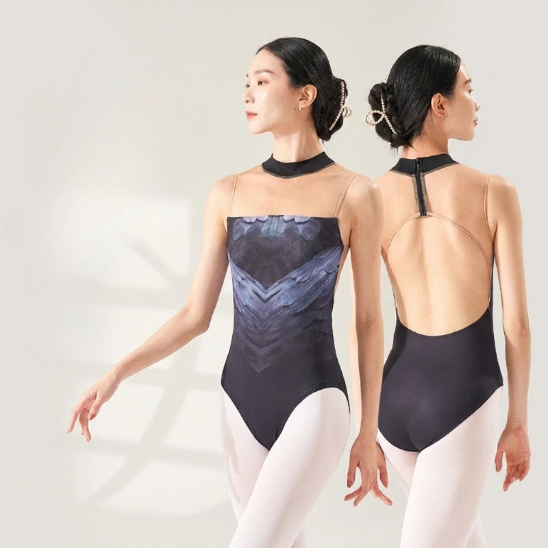 

THEEPER Women's High Neck Zipper Print Ballet Leotard, Adult Professional Gymnastics Costume, Aerial Yoga Pole Dance Bodysuit