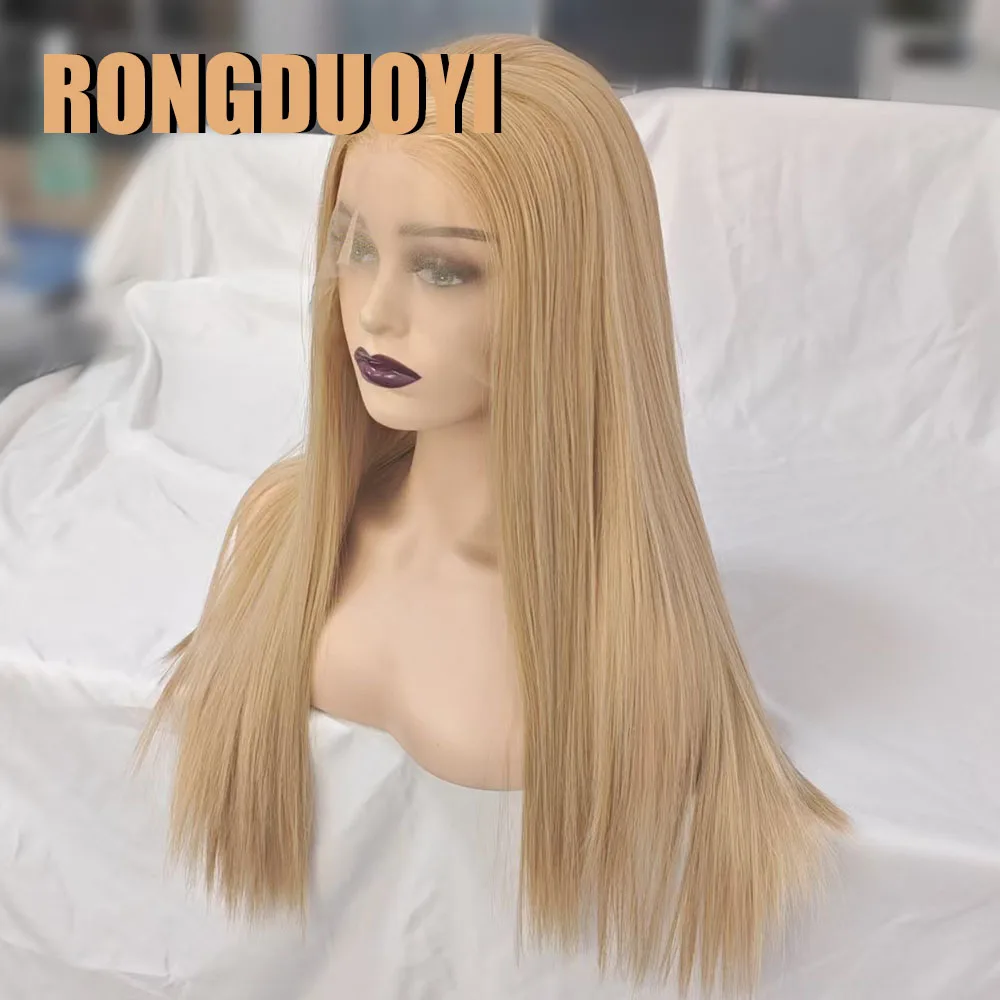 RONGDUOYI Mix Blonde Straight Synthetic Hair Silk Straight Heat Fiber Lace Front Wigs for Women Daily Makeup Use Blonde Hair