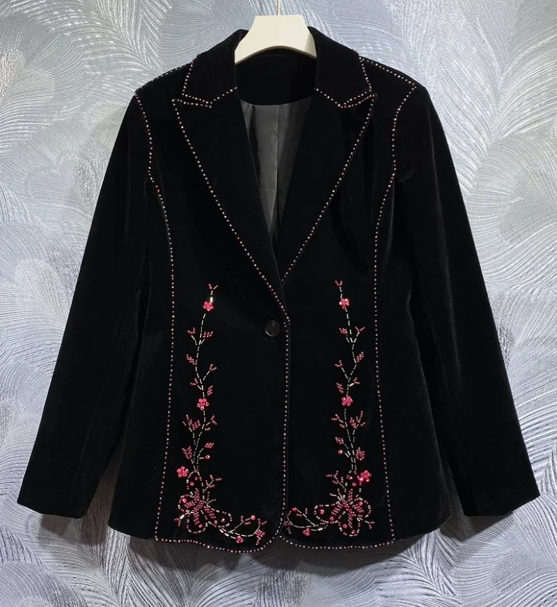 

Top Quality New Blazer Coats 2023 Autumn Winter Blazers Women Beading Deco Long Sleeve Black Velvet Blazer Coats Female Outwear