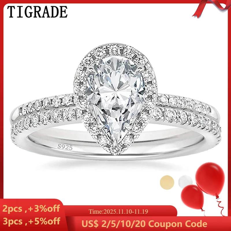 

TIGRADE 925 пробы Серебряное обручальное кольцо, Каплевидная форма, обручальные кольца, наборы для ухода за кожей Halo кубический циркониевый солитер Обручение кольцо для Для женщин Размеры