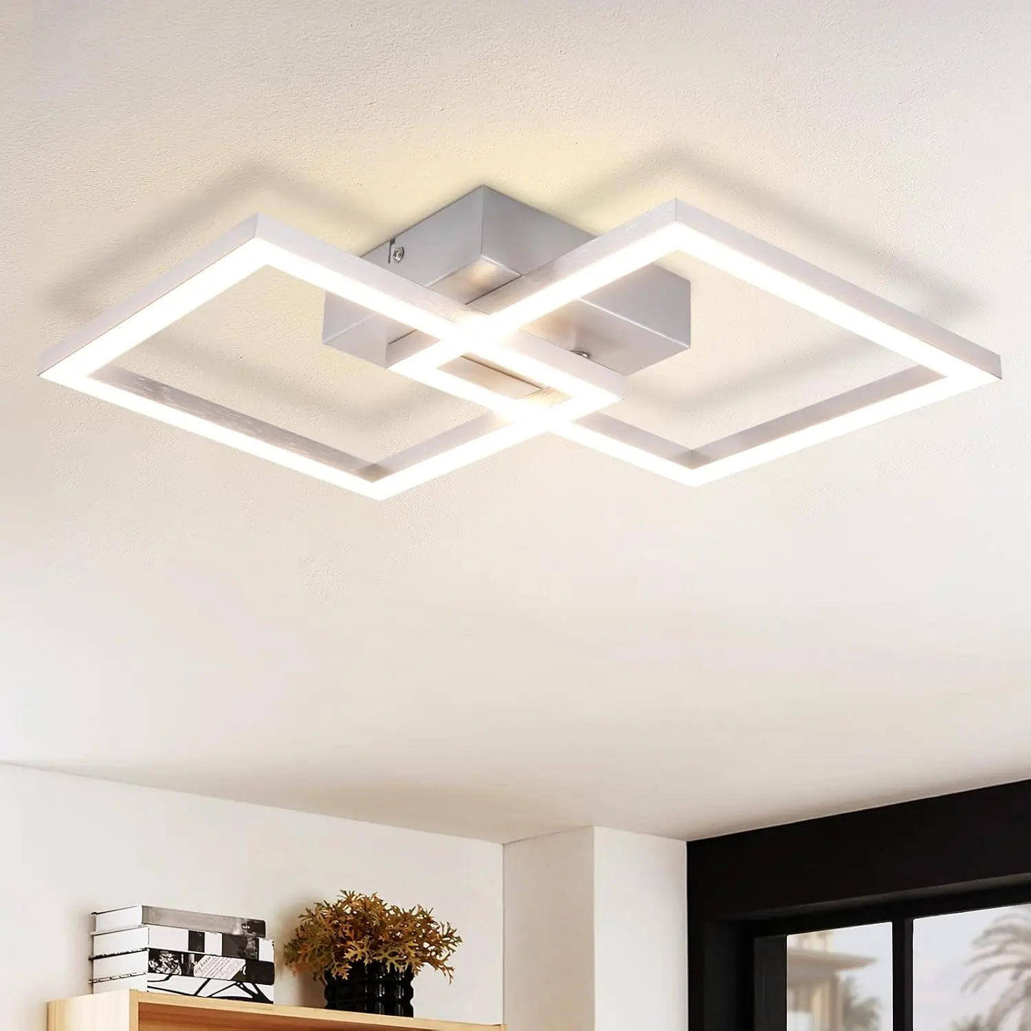 Deckenlampe LED Deckenleuchte Wohnzimmer - Modern Design Küchenlampe 24W Wohnzimmerlampe Flurlampe Warmweiß Schlafzimmerlampe Flur Deckenbeleuchtung Eckig Silber für Kinderzimmer Büro