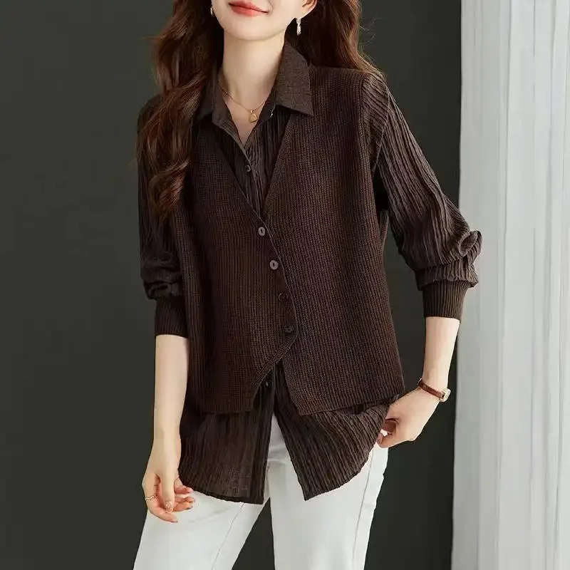 Geknoopt effen kleur mode shirt met lange mouwen dames lente en herfst losse nep tweedelige top