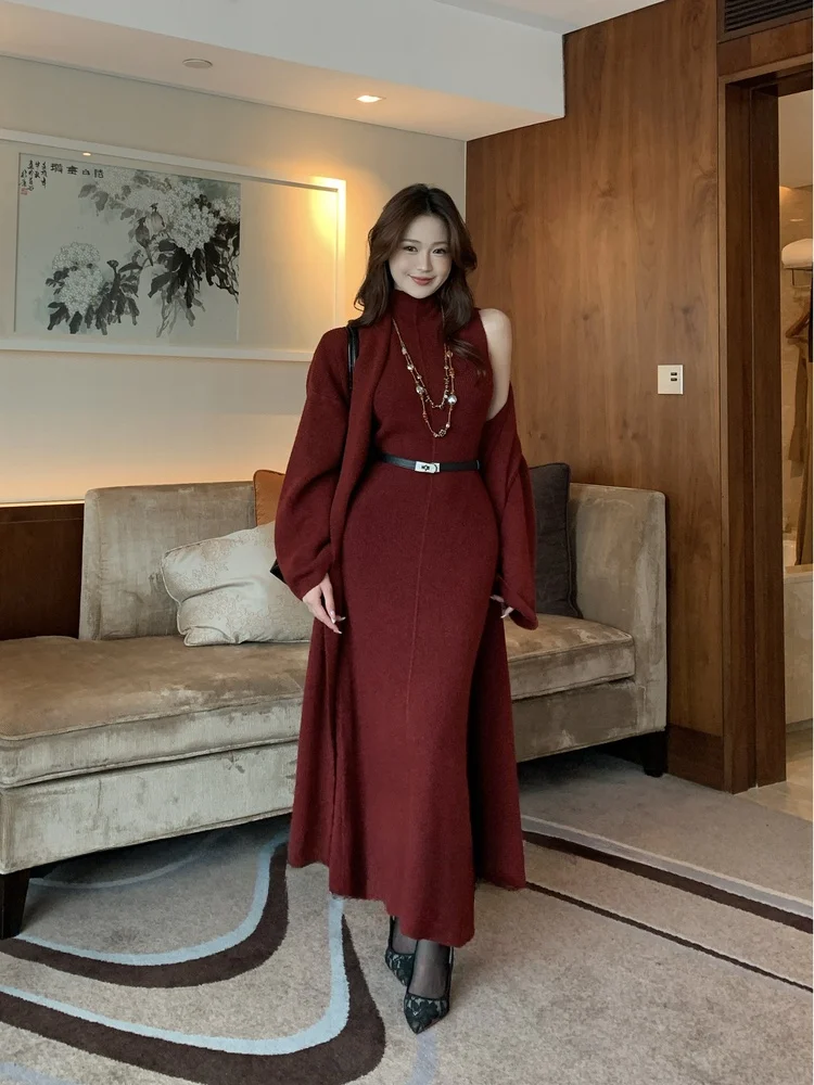

Wild Kiwi Knitted Sweater Set Long High Collar Slim Fit Two Piece Set Autumn Winter Ele Long Dr Cardigan Commute Sle