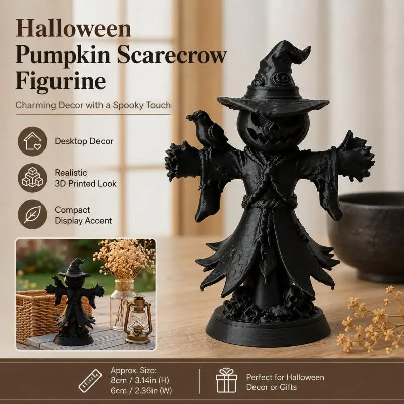 3D Black Pumpkin Scarecrow Figurine with Crow, Halloween Witch Hat Desktop Decor for Home Shelf Table