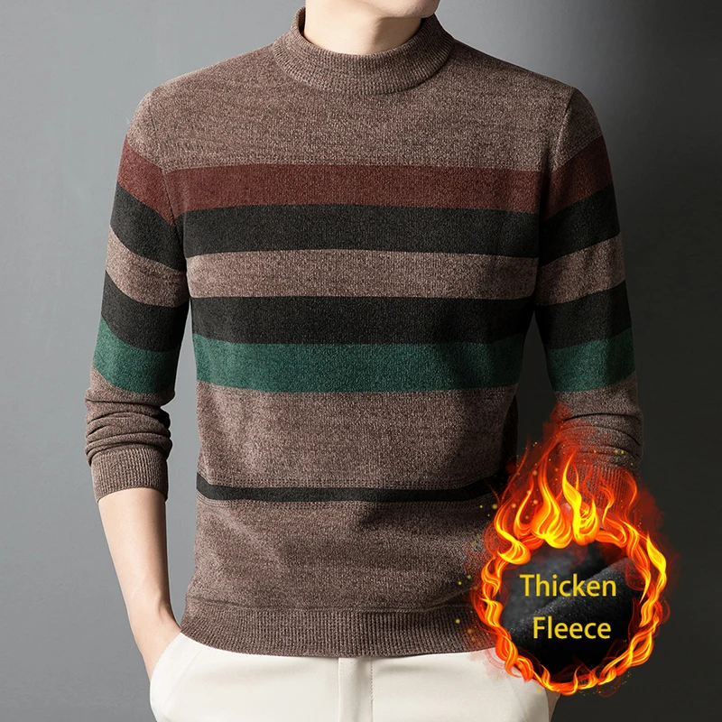 

BROWON 2026 Autumn Winter Casual Pull Homme Fleece Lined Warm Print Contrast Wide Stripes Design Chenille Knitted Sweaters Man