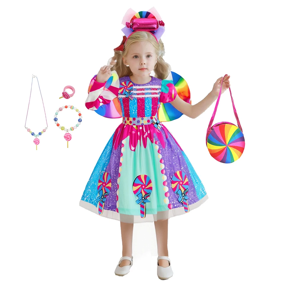 Gaun Permen Anak Perempuan Kostum Cosplay Halloween Gaun Motif Lolipop Anak-anak Gaun Pesta Mewah Berbulu Hadiah Kejutan Ulang Tahun