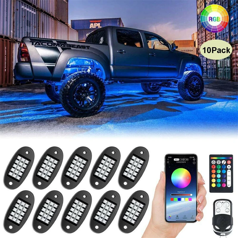 10Pcs RGB LED Rock Light Underglow Neon LED Light Kit for Jeep off-Road Truck Bluetooth APP Remote Control Car Decoration Lights