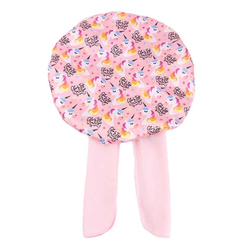 New Kids Unicorn Pattern Satin Bonnet Wide Elastic Band Sleeping Cap for Curly Natural Hair Child Night Caps Toddler Shower Cap
