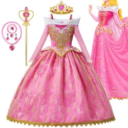 Sleeping Beauty Costume for Girls Aurora Dress Long Sleeves Off Shoulder Kids Halloween Christmas Fancy Party Princess Clothing