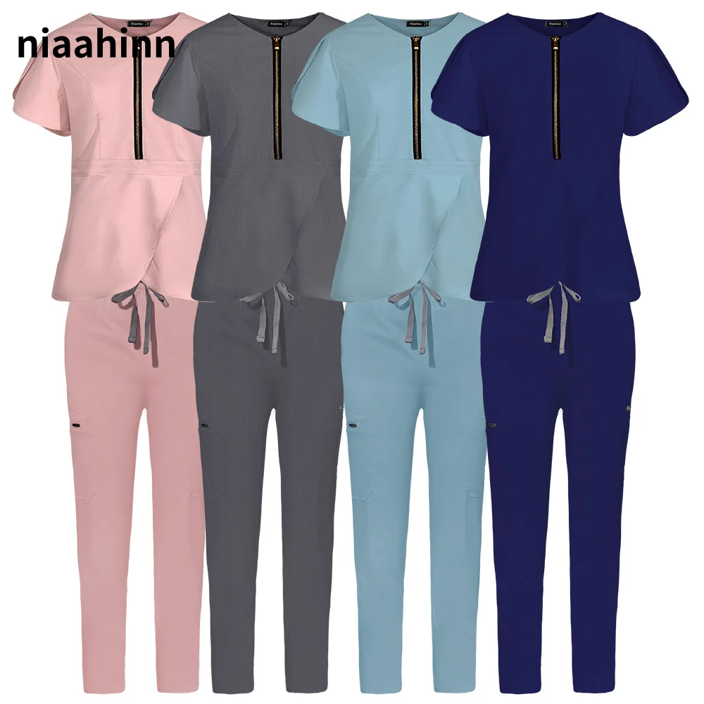 คุณภาพสูง Scrubs Uniforms Petal Cuff Designs โรงพยาบาล Uniforms พยาบาล Scrubs ชุด Clinical Nursing Uniforms ขัด Workwear