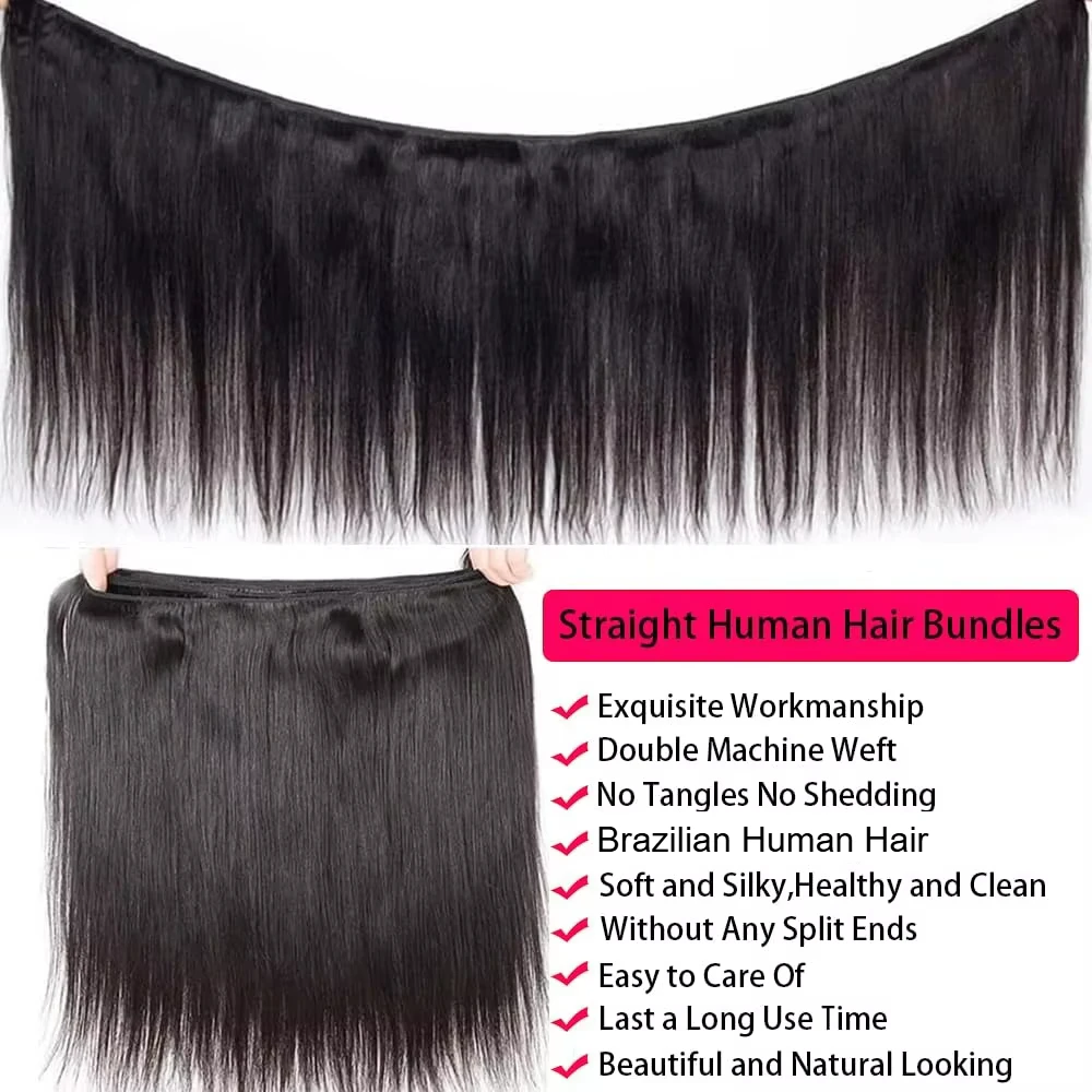 Human Hair Bundles Straight 12-32Inch Unprocessed Brazilian Hair Weave 3 Bundles Silky Black Hair Extensions Raw Quick Weave image 5