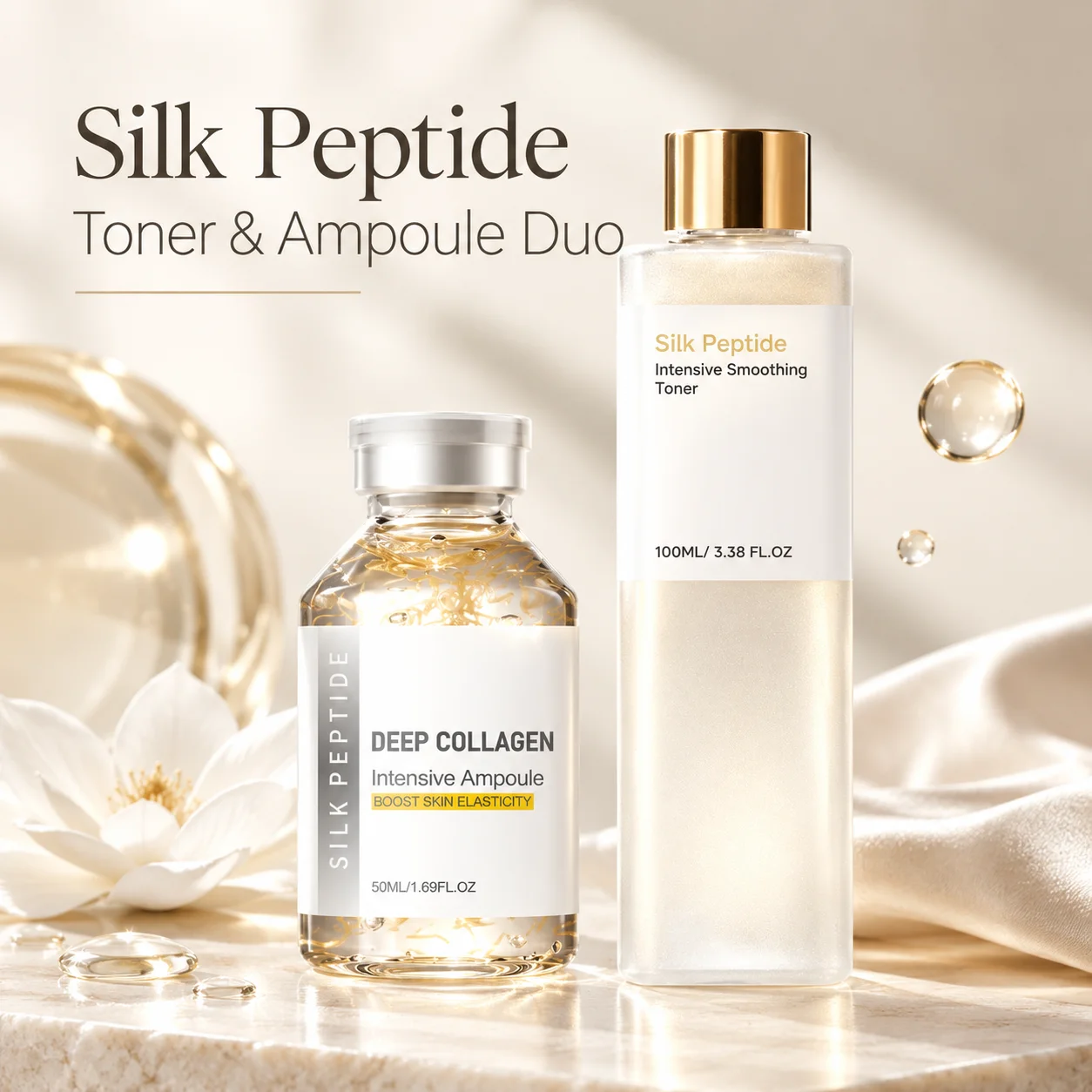 Silk Peptide Facial Toner & Serum Ampoule Set Duo, Korean Glass Skin Glow Care Revitalize Dry Tired-Looking Skin Women Gift Set