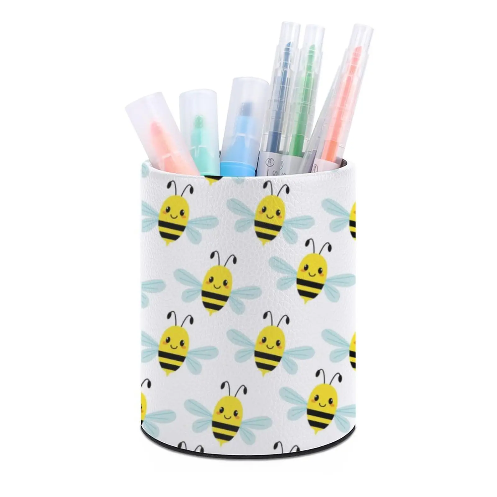 Bees Pattern PU Pencil Pen Holder Stationery Container Desk Organizer Storage Box for Home Office Woman Makeup Brush Holder