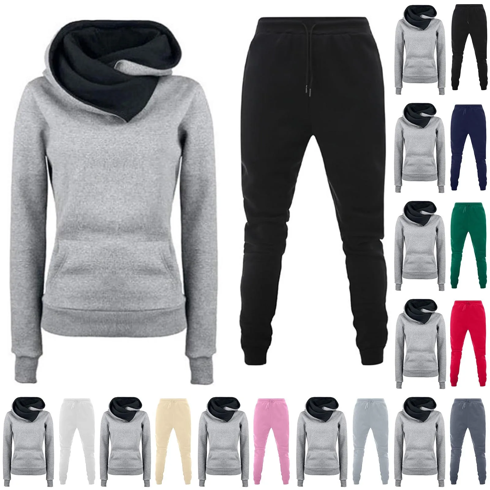 Cowl Neck Color Block Sweatshirt Sets 2 Piece Women Outfits Tracksuits Long Sleeve Pullover Jogger Pants Casual Tracksuit Sets