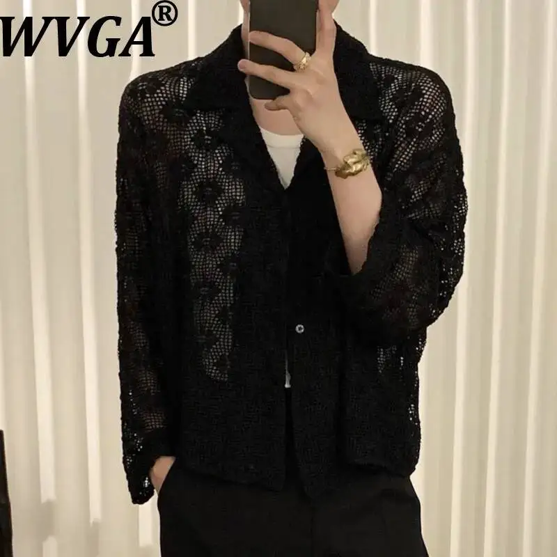 WVGA Summer New Men's Dark Hollow Out Floral Design Trendy Shirt Loose See-through Woven Niche Chic Long Sleeved Tops Ins W26152