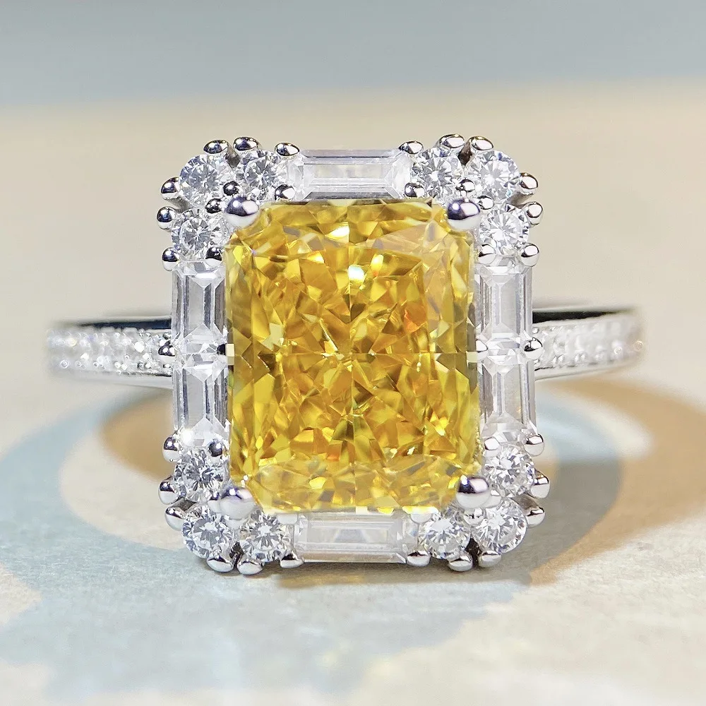 

S925 sterling silver ice flower cut sugar cube ring princess square bag yellow diamond non-fading women's high-end gift