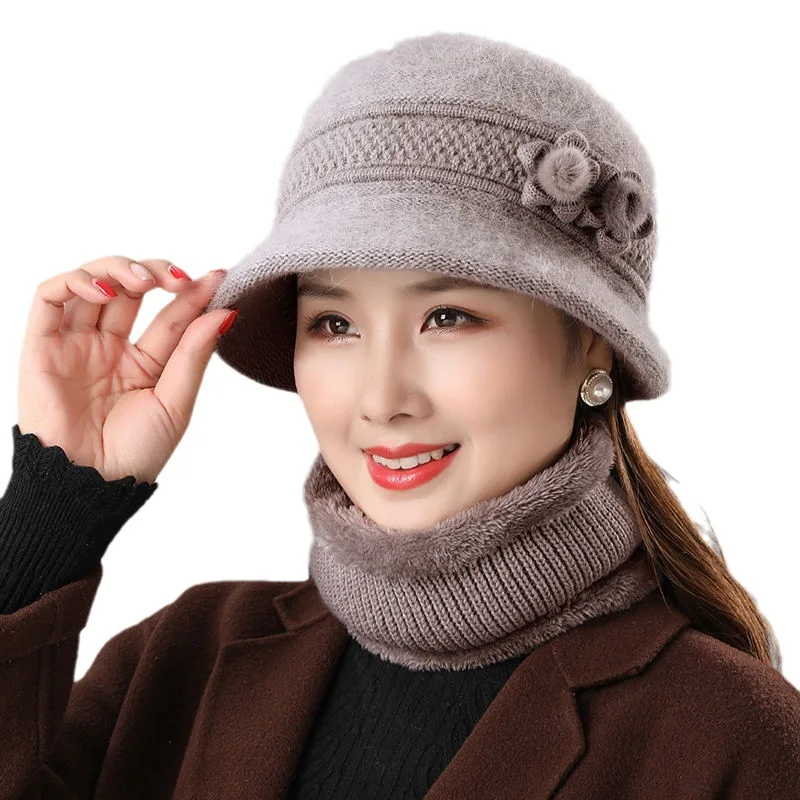 Warm Rabbit Fur Hat Middle-aged and Elderly Mom Cap Autumn and Winter Ladies Scarf Two Sets of Old Lady Winter Pot Hats