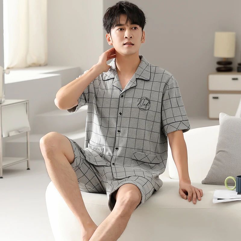 Big Size M-4XL Men Pajama Set Summer Short Sleeve Sleepwear Male Turn-down Collar 100% Cotton Pijamas