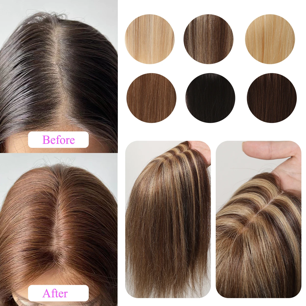 Toppers de cabelo humano real para mulheres, cabelos finos, destaque marrom, loiro, parte média pedaços de cabelo, base de seda, 4 clipes