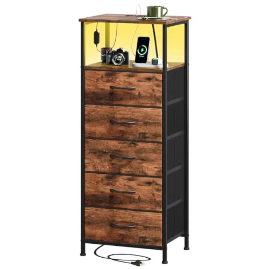 

Tall Nightstand with Charging Station and LED Light for Bedroom 5 Drawers Dresser with Fabric Bins for Bedside Dorm Room Closet