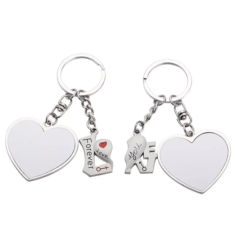 Sublimation Blank Keychain 1Pair=2pcs Metal Pendant Key Chain Round&Heart Shaped Key Ring Holder Custom Logo Jewelry Small Gift