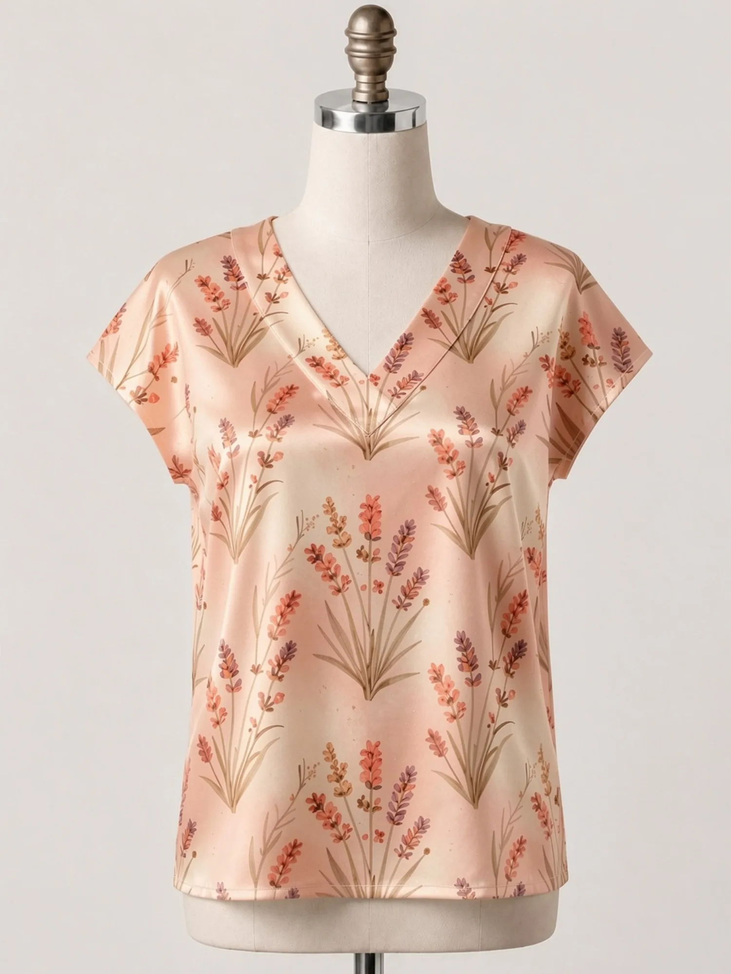Floral Satin V Neck Top for Women Cap Sleeve Relaxed Draped Fit Silky Travel Cafe Leisure Wear Lightweight Breathable Flowy Chic
