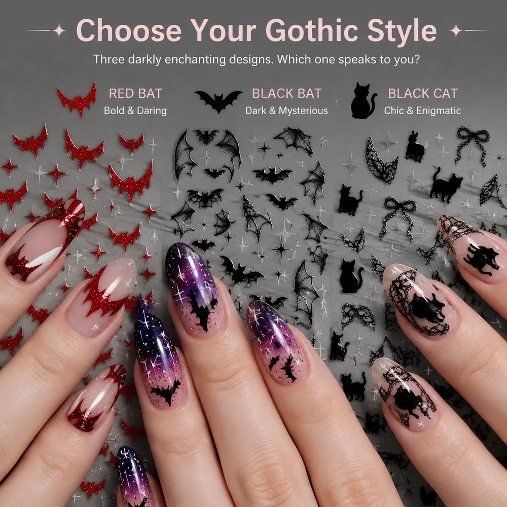 1Pc Dark Romantic Gothic Nail Decals Sparkly Red Bat Silhouette Lace Black Cat Waterproof Halloween Nail Sticker