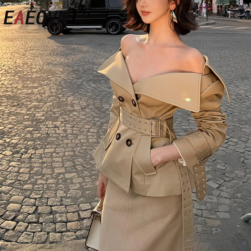 

EAEOVNI модная однотонная короткая куртка для женщин с v-образным вырезом и пуговицами на поясе, тонкое уличное пальто, осень 2024, новая одежда