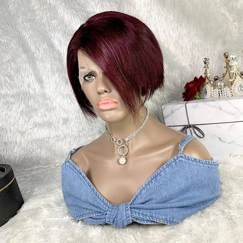 99J バーガンディ ピクシーカット レースフロントウィッグ 人毛 13x4x1 パート レースウィッグ ブラジル産 ショートストレート人毛ウィッグ 黒人女性向け