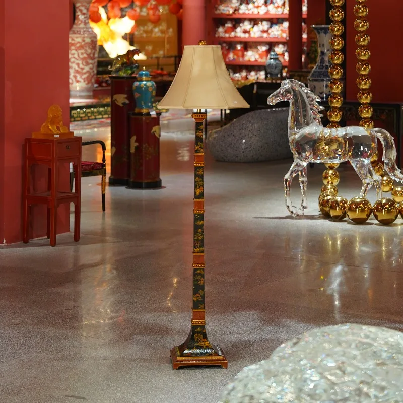 YS163 French Chinese style, hair black background painted landscape pattern floor lamp, decorative ornament