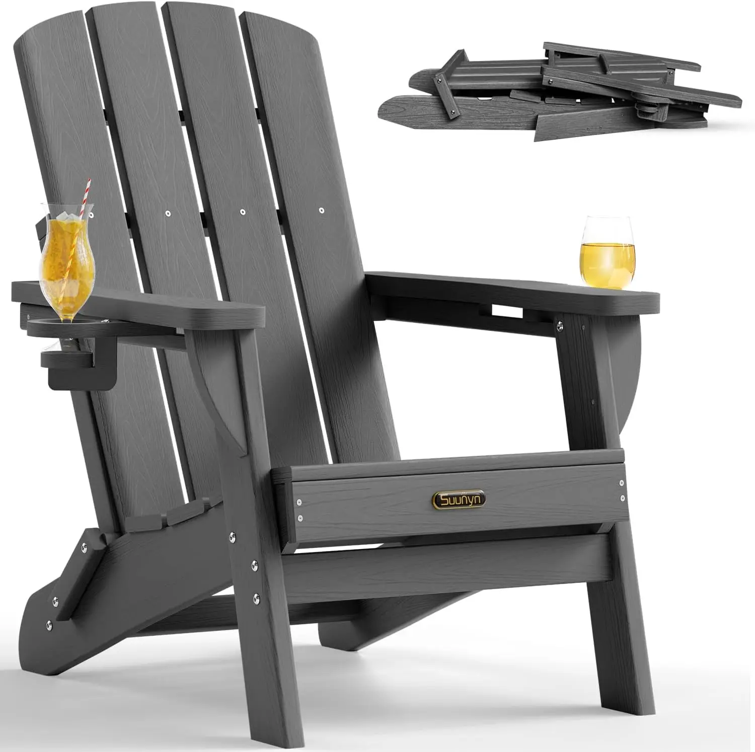 Folding Adirondack Chair, HDPE Adirondack Chairs with 2 Cup Holder, Plastic All-Weather Fire Pit Chairs, Outdoor Lawn Chair