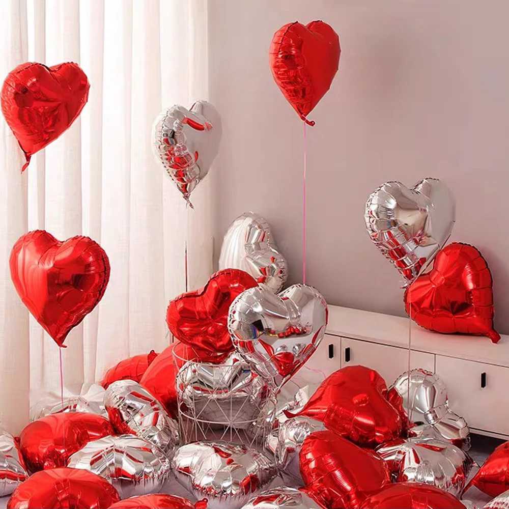 10/20 piezas globo de aluminio con forma de corazón de amor rojo, plateado y rosa de 18 pulgadas, decoración romántica para fiesta de cumpleaños y boda del Día de San Valentín, globo de helio