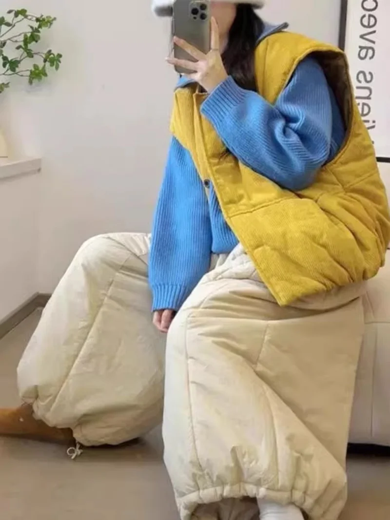 Pantalones de talla grande para mujer, pantalones de pierna ancha con cintura elástica japonesa, pantalones cálidos con cordón para otoño e invierno W924 ﻿