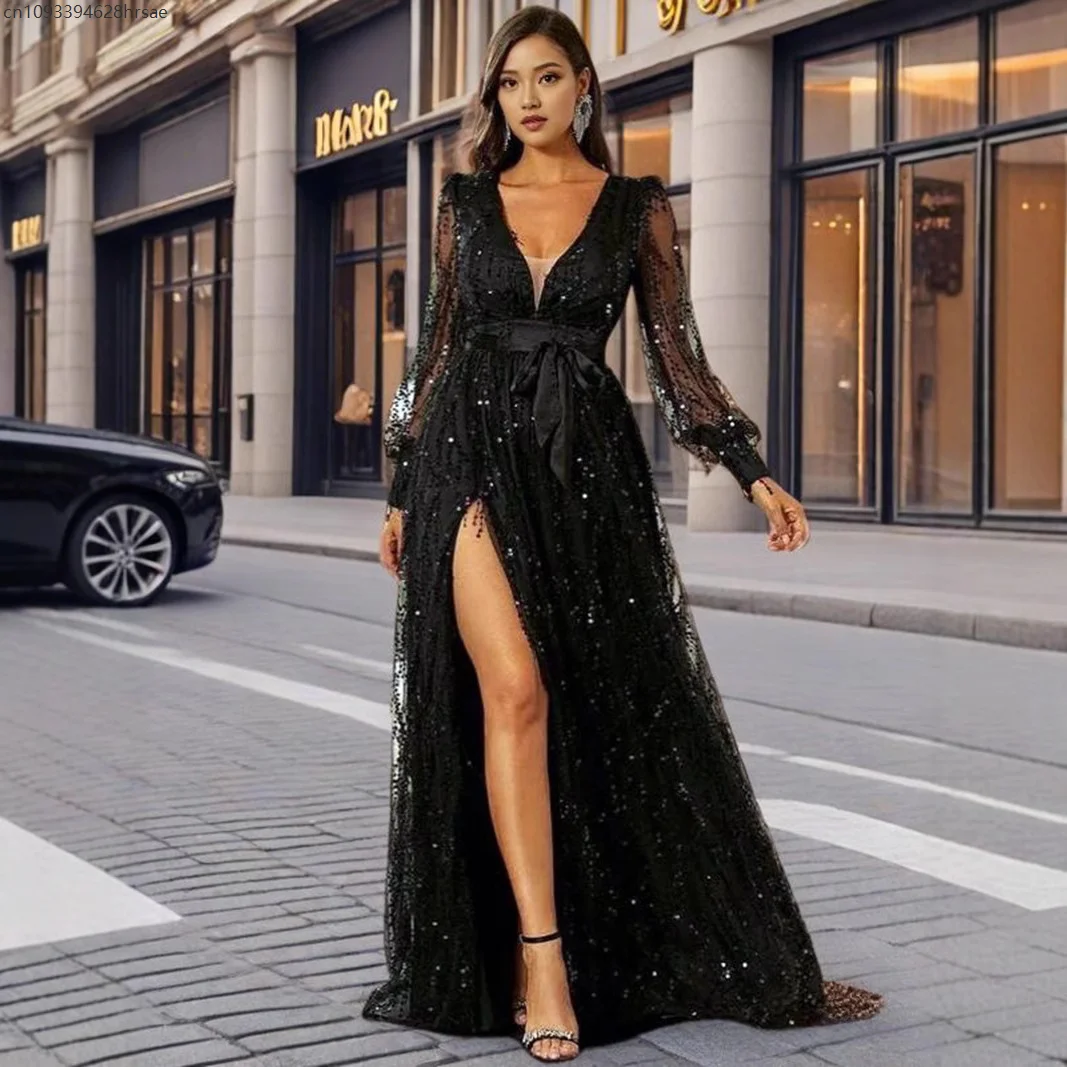Brightly Elegant Banquet Elegance Ladies Black Mesh Sequin Deep V-neck Wedding Event Evening Long Dress Women's Dresses