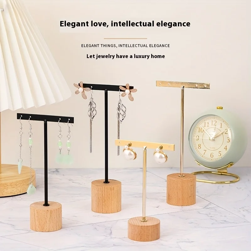 1pc Iron Earring Stand, T-shaped Jewelry Display Rack with Wooden Base, Earring Storage Display Prop