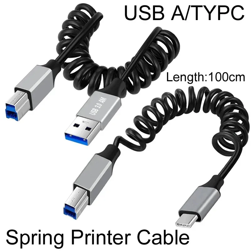

USB 3.0 Spring Cable - USB A to Type C Male & Type-B for Printer/SSD/External Hard Disk, 5Gbps Data, 100CM/3.3FT