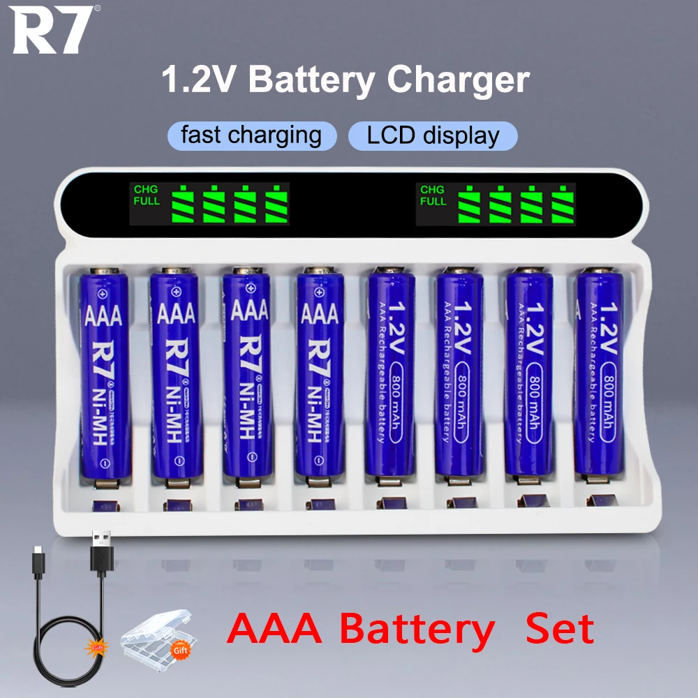 

R7 Ni-Mh AAA 1.2V Rechargeable Battery 3a 800mAh + LCD Quick AA AAA Battery Charger