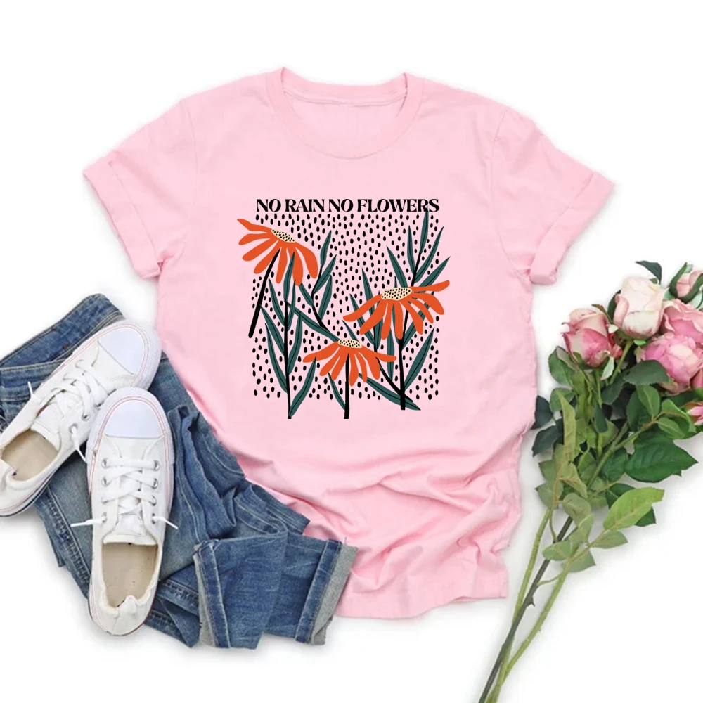 Flower T-Shirt No Rain No Flowers Tee Floral Graphic Tee Casual Short Sleeve Women Tshirts Wildflower T-shirt Aesthetic Clothes