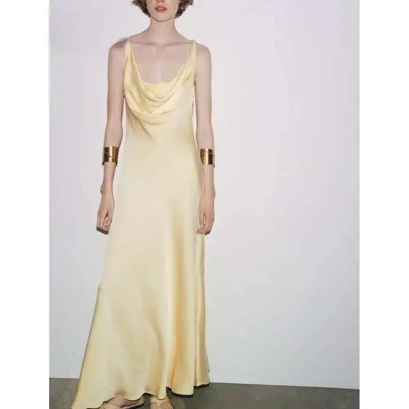 Summer New Arrival Women's Dr Silk Satin Texture V-Ne A-Line Asymmetrical Hemline Gown High Waist Polyester Fiber